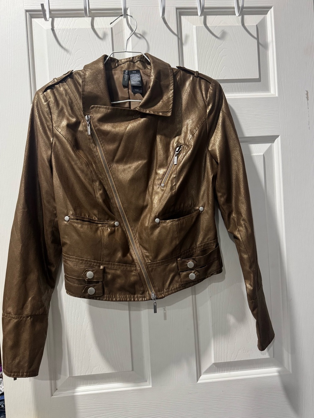 Bisou Bisou Metallic Bronze Asymmetrical Leather Moto Jacket